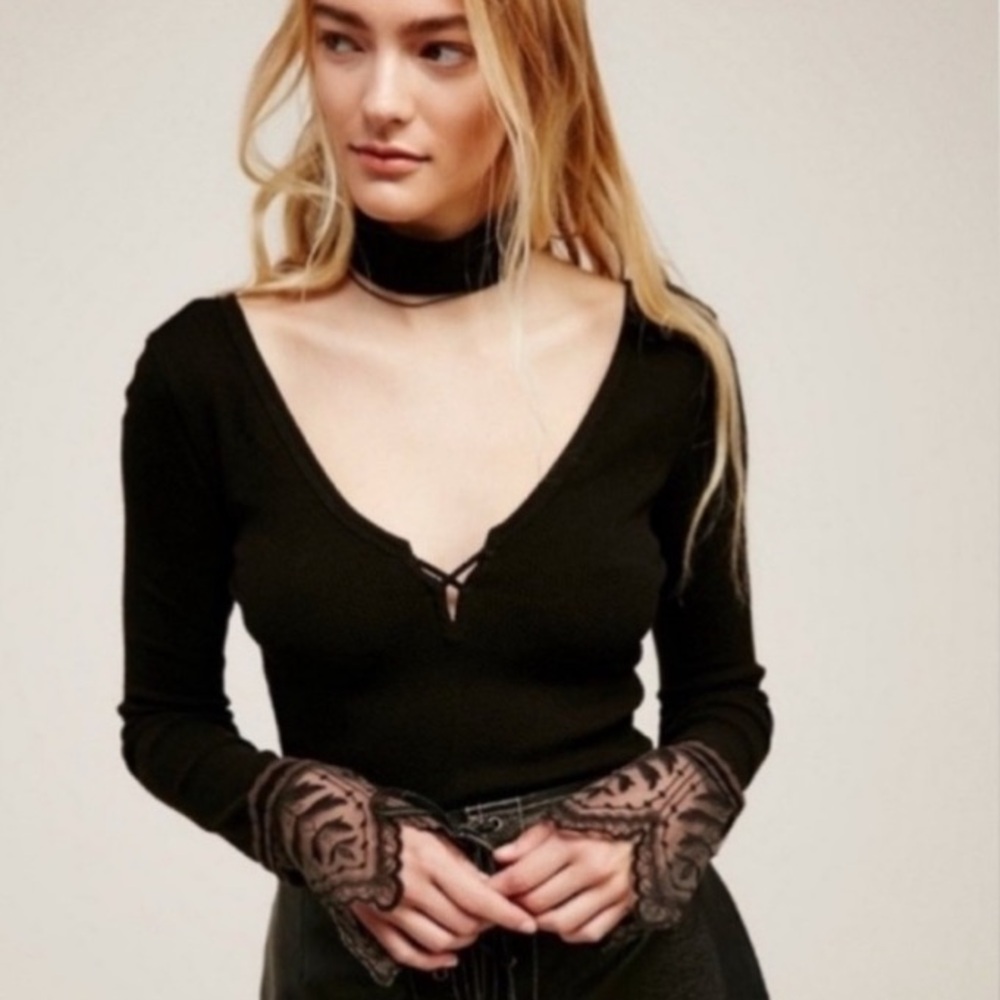 Free People Last Dance Thermal Top with Scalloped Lace Cuffs, Rare